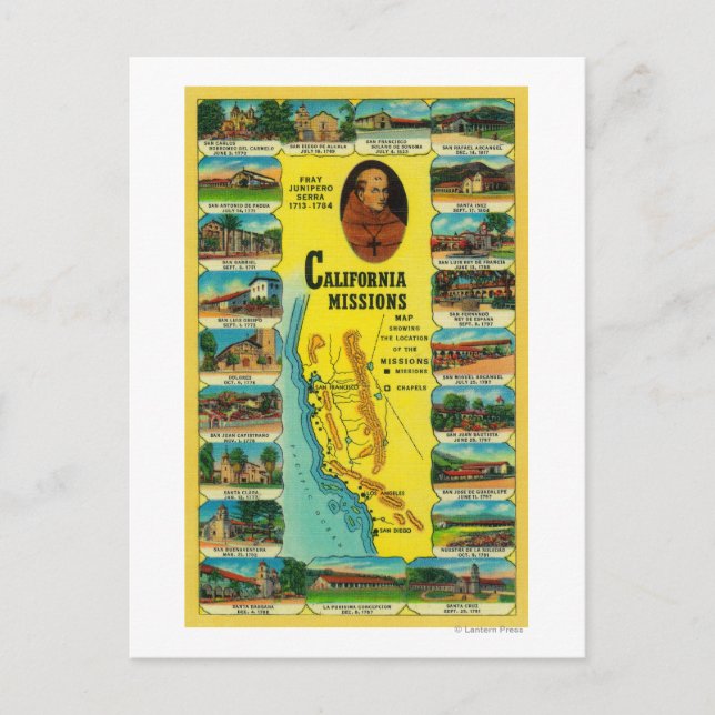 Spanische Missionen in Kalifornien zeigen Postkarte (Vorderseite)