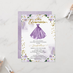 Spanische Quinceanera-Einladung Lila Blumekleid Einladung