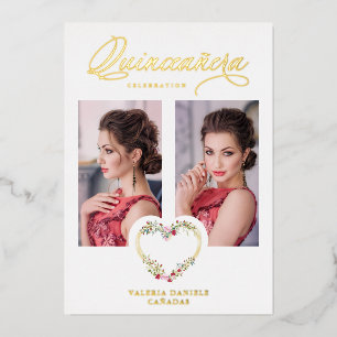 Spanische Quinceañera Romantische Rot Rosa Töne He Folieneinladung