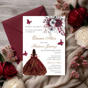 Spanische Quinceanera rote Blumen Einladung