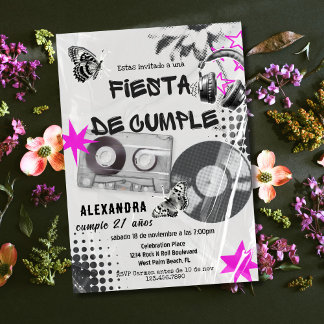 Spanische Retro Musik jedes Alters Schwarz & Rosa Einladung