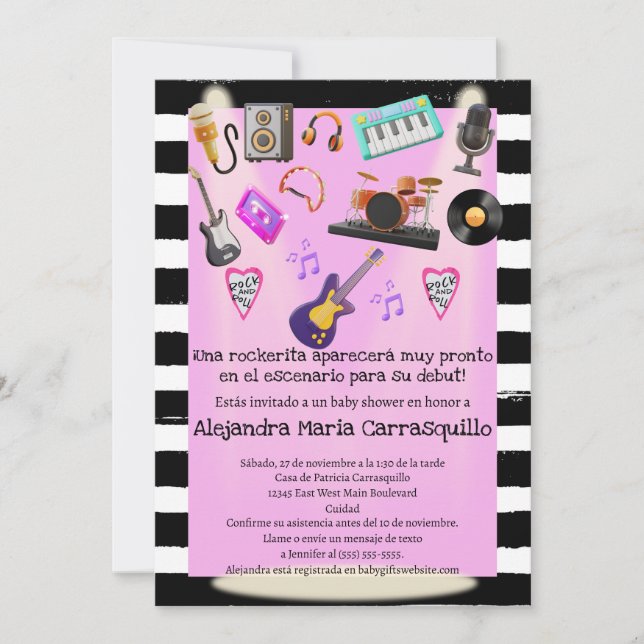 Spanische Rock'n'Roll Pink Baby Girl Dusche Einladung (Vorderseite)
