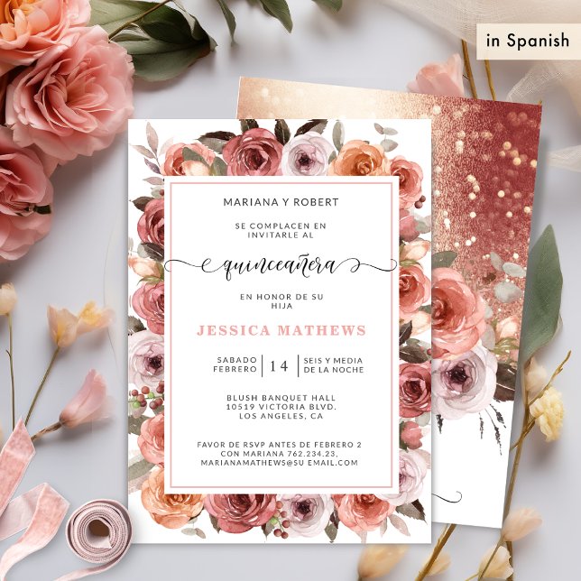 Spanische Rose Gold Quinceañera Rosa, Blütenblau Einladung (Von Creator hochgeladen)