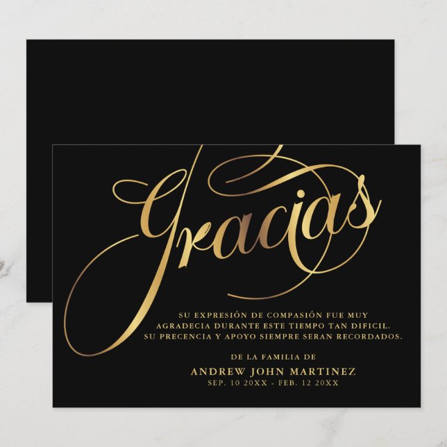 Spanische Schwarz-Gold-Kalligrafie-Beerdigung  Dankeskarte (Vorne/Hinten)