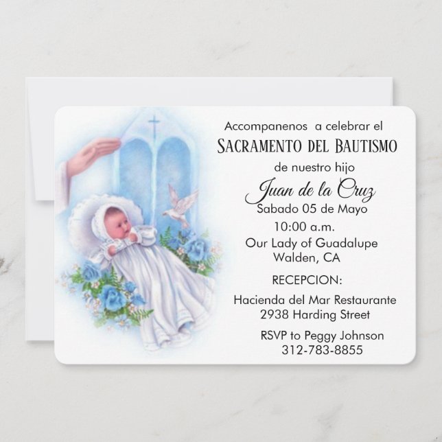 Spanische Vintage Baby Katholische Blumenschrift Einladung (Vorderseite)