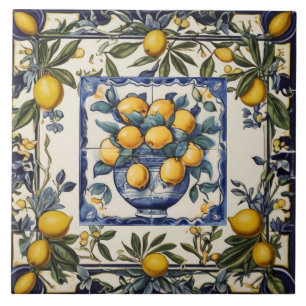 Spanische Zitronen in Vasentopf Blau & Weiß Fliese