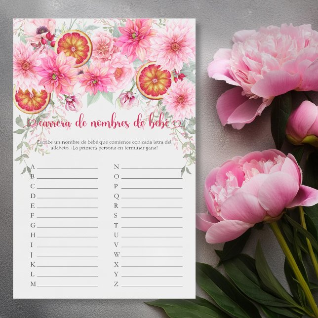 Spanischer Baby Name Race Pink Baby Duschgel (Spanish baby name race citrus with pink flowers baby shower game, girl baby shower,)