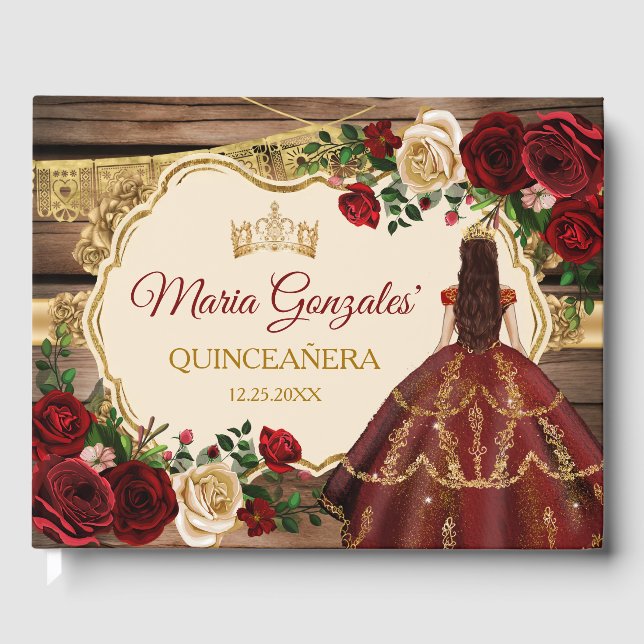 Spanischer Burgund floraler Rustikaler Holz Mis Qu Gästebuch (Vorderseite)