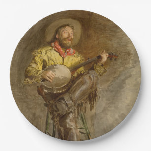 Spanischer Cowboy singt mit Banjo einen Trail-Song Pappteller