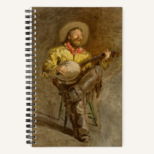 Spanischer Cowboy singt Trail-Song mit Banjo Notizbuch