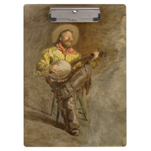 Spanischer Cowboy singt Trail Song mit Banjo-Spiel Klemmbrett