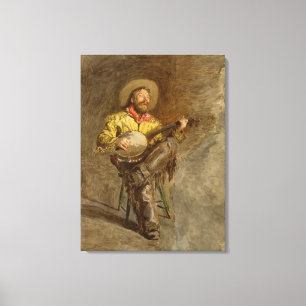 Spanischer Cowboy singt Trail-Song mit Banjo-Spiel Leinwanddruck