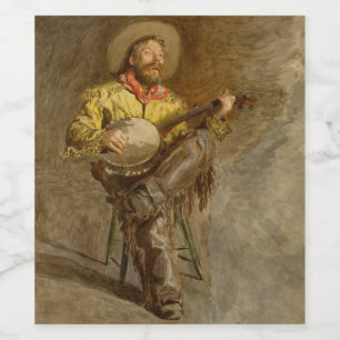 Spanischer Cowboy singt Trail Song mit Banjo-Spiel Weinetikett