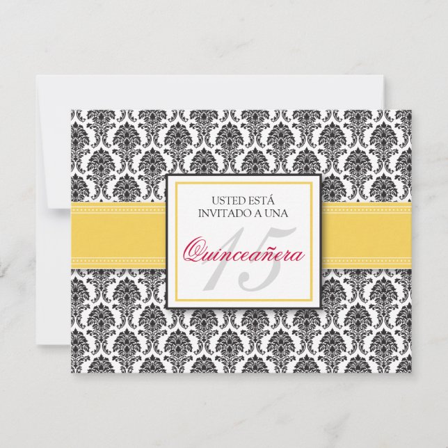 SPANISCHER gelber Damast Quinceañera Invitación Einladung (Vorderseite)