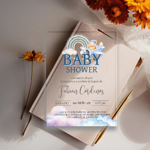 Spanischer Junge Baby Shower Teddybär Flugzeug Bla Acryleinladungen