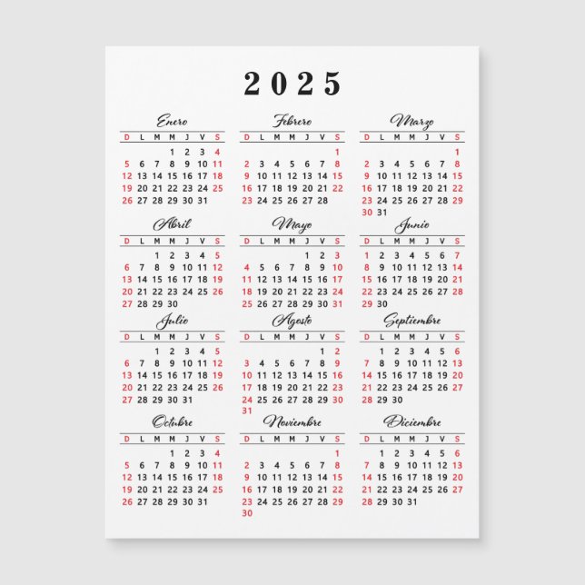 Spanischer Kalender 2025 Weißes Schwarzes Rot Magnetkarte (Vorderseite)