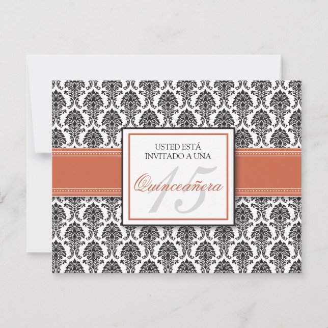 SPANISCHER korallenroter Damast Quinceañera Einladung (Vorderseite)