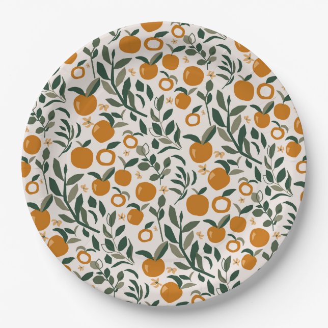 Spanischer Obstgarten - Muster von Orangen und Blä Pappteller (Vorderseite)