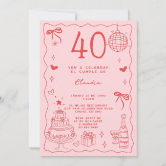 Spanischer Retro Quirky Roter Rosa 40. Geburtstag Einladung