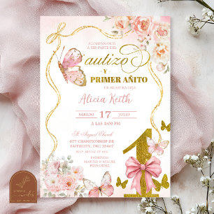 SPANISCHER Rosa Schmetterling Bautizo Y Primer Ani Einladung