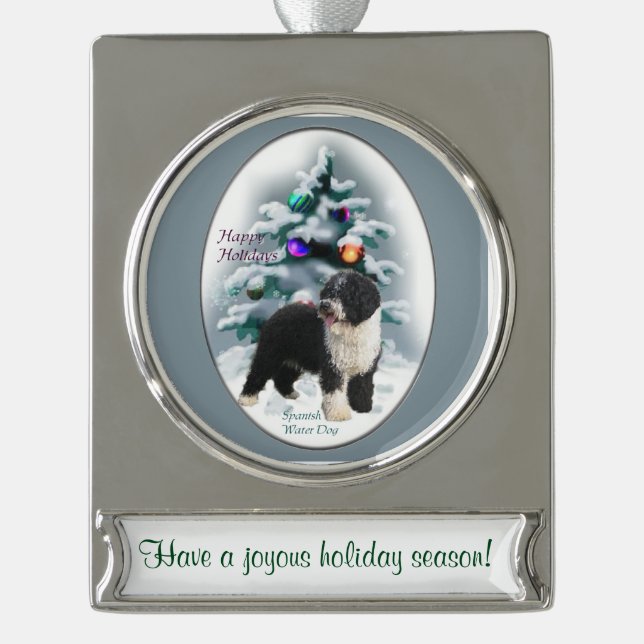 Spanischer Wasserhund Personalisiert Weihnachten Banner-Ornament Silber (Vorderseite)
