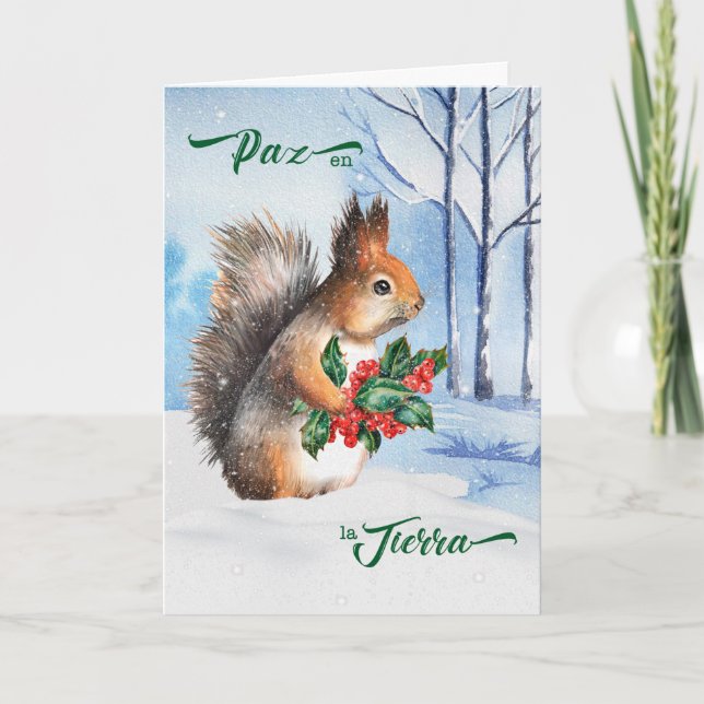 Spanischer Weihnachtshörnchen-Weltfrieden Feiertagskarte (Vorderseite)