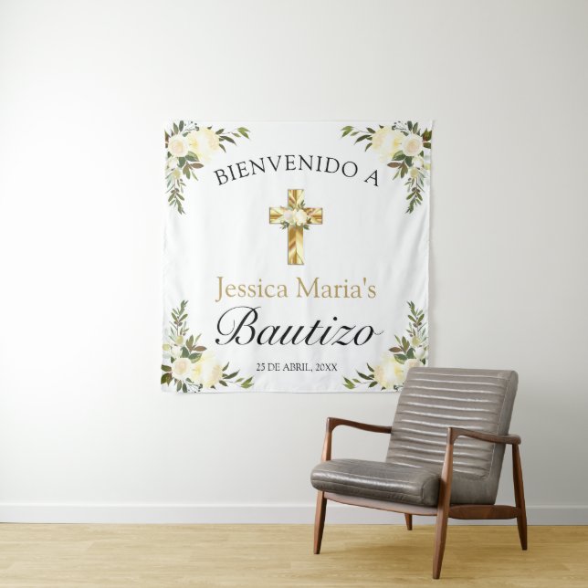 Spanisches Baby-Taufe Floral Gold Cross Willkommen Wandteppich (Beispiel)
