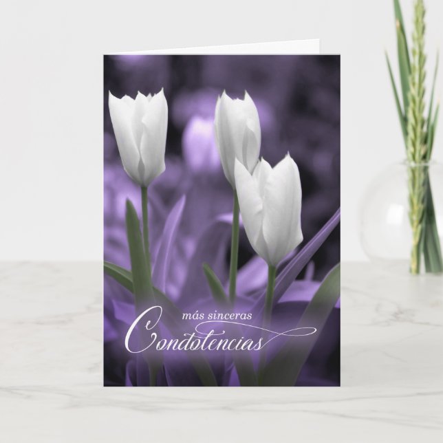 Spanisches Beileid Con Simpatia Lila Weiße Tulpen Karte (Vorderseite)