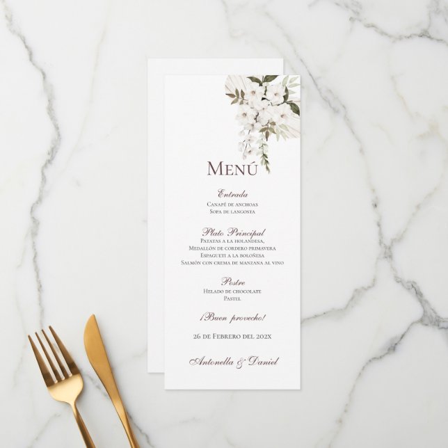 Spanisches Boho Wedding Menu Menükarte (Vorderseite/Rückseite Beispiel)