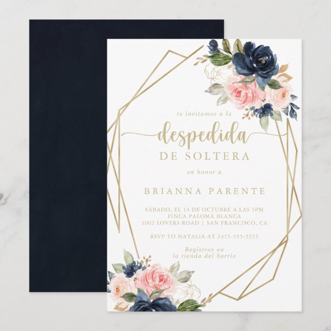 Spanisches Brautparty der Floral Gold Geometric Einladung (Vorne/Hinten)