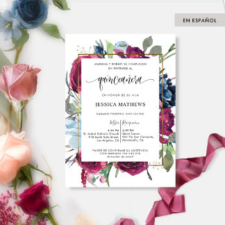 Spanisches Burgund, blaues Flor Quinceañera Einladung