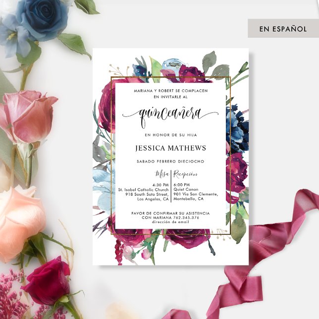 Spanisches Burgund, blaues Flor Quinceañera Einladung (Von Creator hochgeladen)