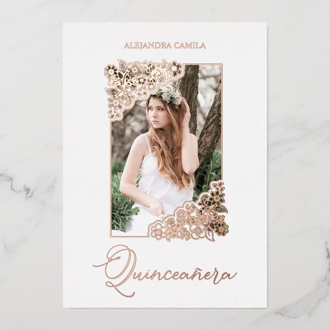 Spanisches Foto für romantische Blumenrahmen Folieneinladung (Vorderseite)