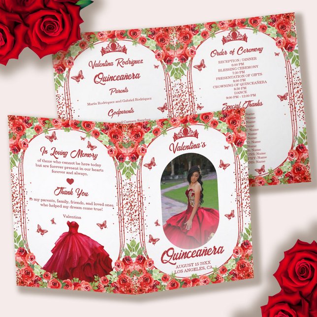 Spanisches Foto Roter Glitzer Floral Quinceanera Programm (Spanish Photo Red Glitter Floral Quinceanera Program)