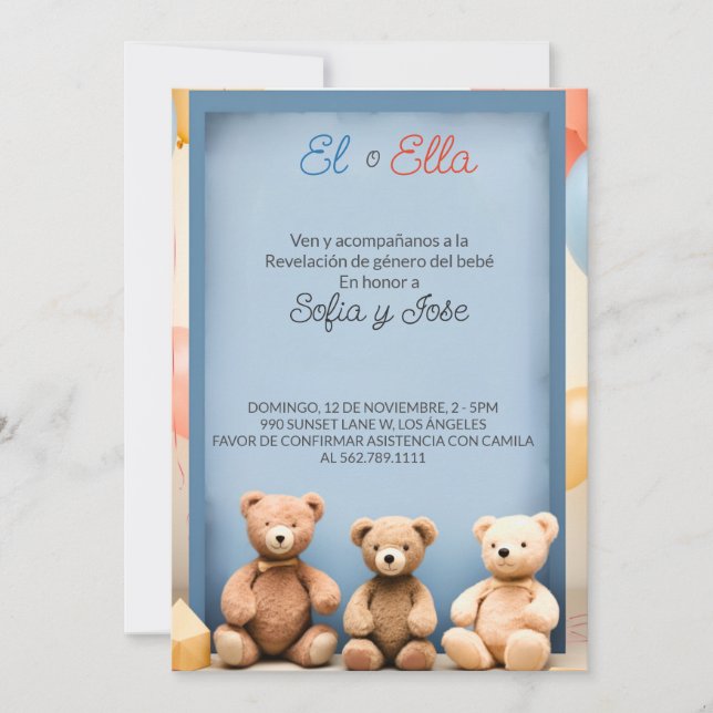 Spanisches Thema Teddy Bären Gender Reveitation Einladung (Vorderseite)
