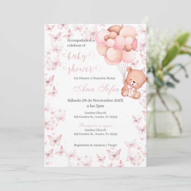 Spanish Baby Shower Invitation Pink Bear Girl Einladung (Stehend Vorderseite)