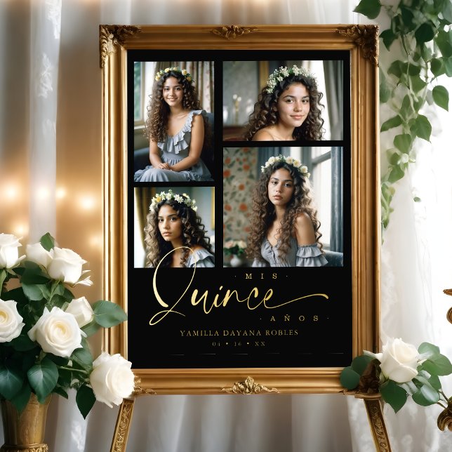 Spanish Black Trendy Quinceañera Collage 4 Photos Foliendrucke (Spanish Black Trendy Quinceañera Collage 4 Photos Foil Prints. )