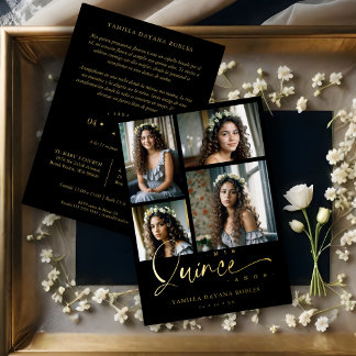 Spanish Black Trendy Quinceañera Collage 4 Photos Folieneinladung