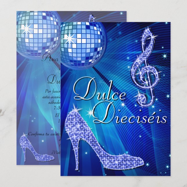 Spanish Blue Disco Ball & Sparkle Heels Sweet 16 Einladung (Vorne/Hinten)