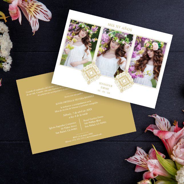  Spanish Cute Luxurious Flourish Gold Ornament Einladung (Spanish Cute Luxurious Flourish Gold Ornament XV Años Invitation Card.)