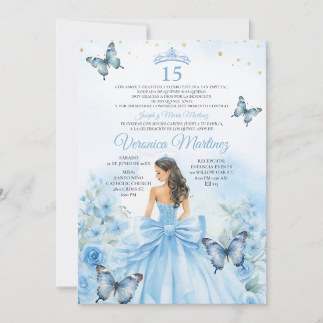 Spanish Dusty Blue Princess Butterfly Bow 15 Años Einladung (Vorderseite)