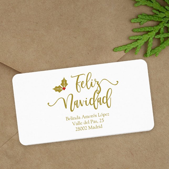 Spanish Feliz Navidad Golden Whimsical Typography Adressaufkleber (Von Creator hochgeladen)