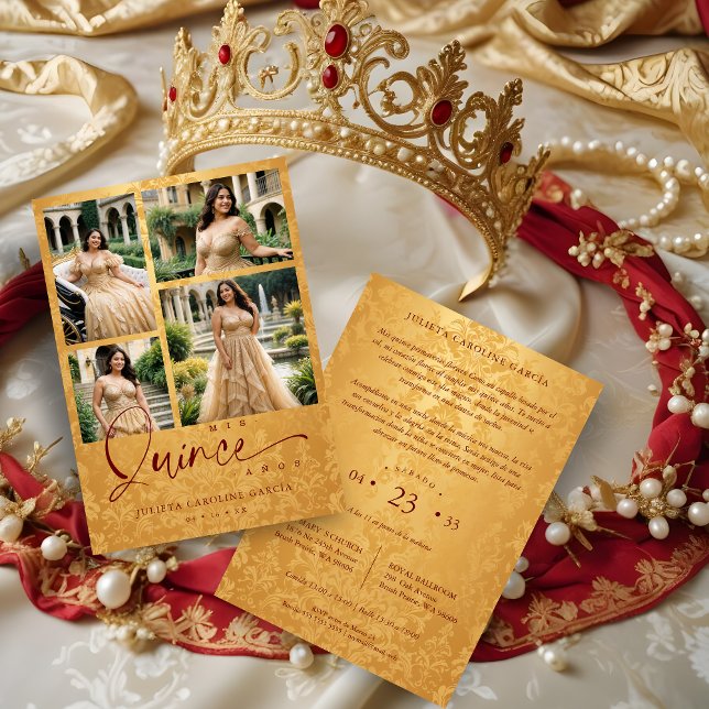 Spanish Golden & Dark Red Trendy XVs Collage 4  Einladung (Spanish Golden & Dark Red Trendy Quinceañera Collage 4 Multi Photos Invitations Cards. )