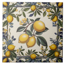 Spanish Lemon Branch Lemons Leaves Blue & White Fliese