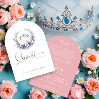 Spanish Lovely Blue Pink Floral Quinceañera Tiara Einladung