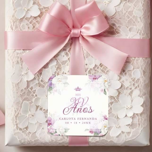 Spanish Mis XV Exquisite Floral Orchids Bouquets Quadratischer Aufkleber (Spanish Romantic Exquisite Floral Orchids Bouquets Mis XV Años Square Sticker:)