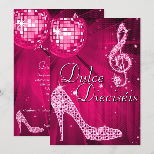 Spanish Pink Disco Ball & Sparkle Heels Sweet 16 Einladung (Vorne/Hinten)