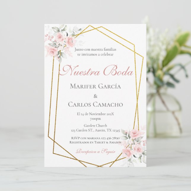 Spanish Pink Floral Wedding invitación boda españo Einladung (Stehend Vorderseite)