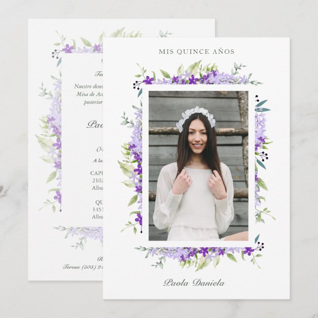 Spanish Quinceañera Photo Flower Branches Einladung (Vorne/Hinten)