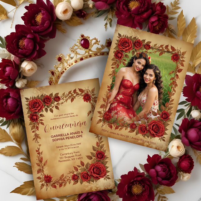 Spanish Quinceañeras Vintage Romantic Photo Einladung (Spanish Quinceañeras Vintage Romantic Photo Red Roses Frame and Gold Shades Invitations Cards.)
